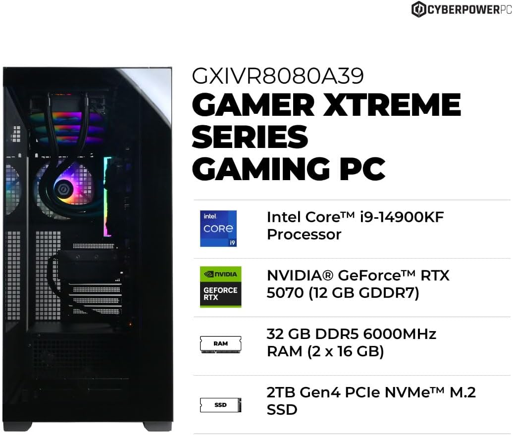 CyberPowerPC Gamer Xtreme VR Gaming PC, Intel Core i9-14900KF 3.2GHz, GeForce RTX 5070 12GB, 32GB DDR5, 2TB PCIe 4.0 SSD, WiFi Ready & Windows 11 Home (GXiVR8080A39)